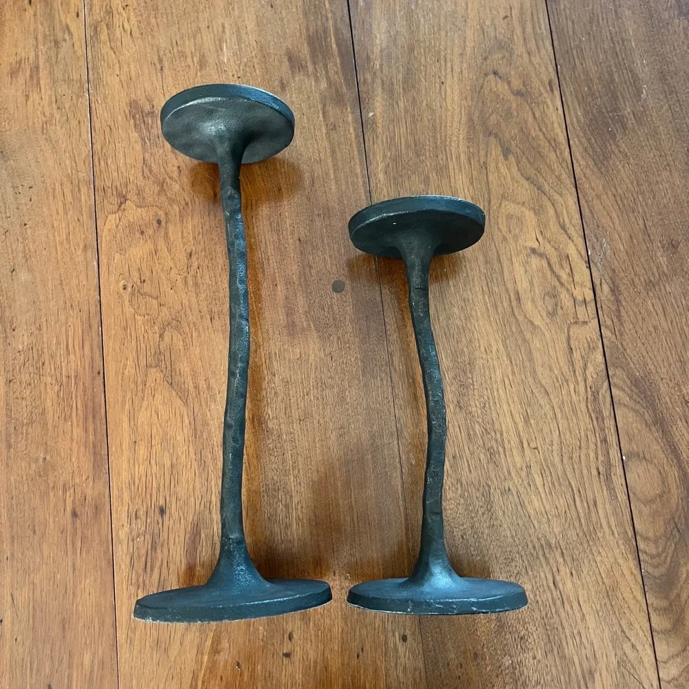 Pottery Barn Brutalist Hammered Cast Iron Candle Pillars